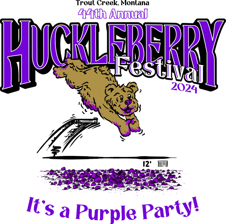 It's a Purple Party, Bear diving into huckleberries, 2024 Huckleberry Festival Logo